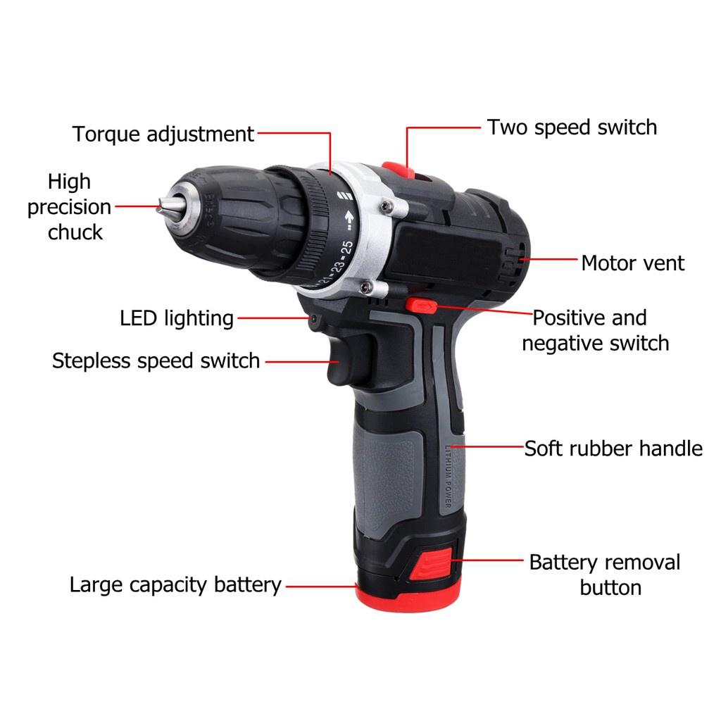 Rechargeable 12V Li-Ion Battery Cordless Drill 2 Speed Drilling Screw Driver Electric Drill Hand Power Tool +LED Light New