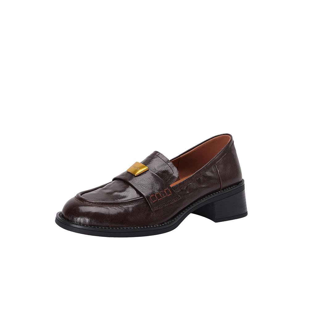 Spot Lightning Hair~ Gold Buckle Round Head Heightening Loafers 2025 Spring and Summer Retro Sheepskin Thick Heel Single Shoes Main Push