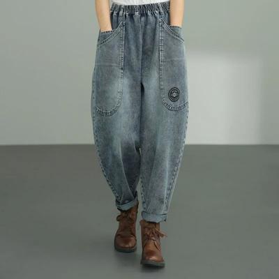 Patch Designs Enkellange Jogger Jeans Vintage Korea Hoge Elastische Taille Losse Denim Broek Dames Streetwear Harem Vaquero