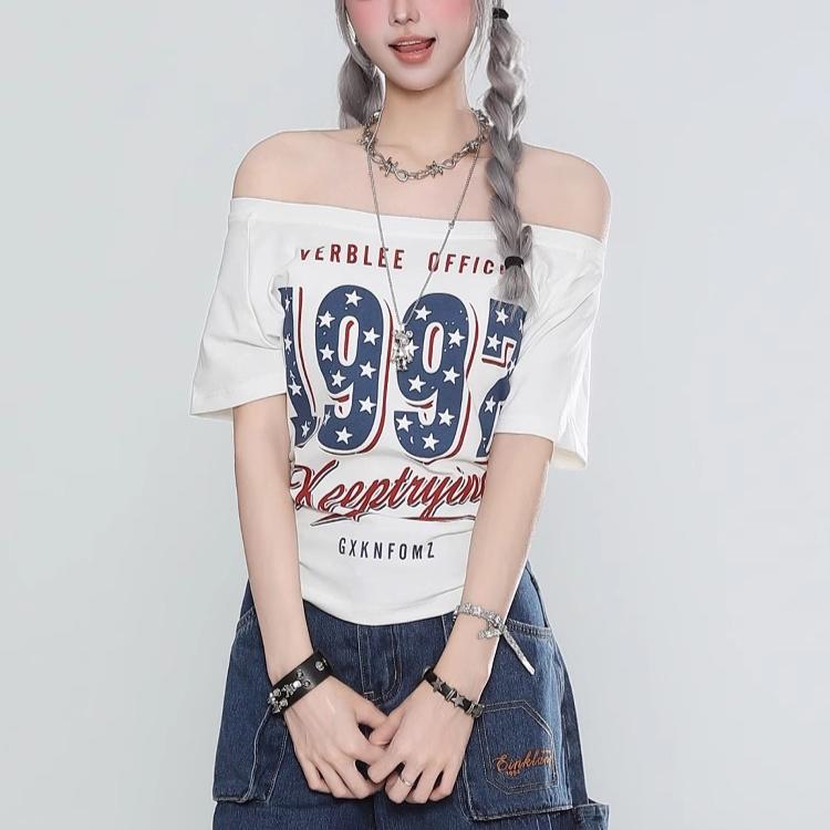 

Женская хлопковая футболка Летняя с косым воротником С открытыми плечами Свободная Повседневные футболки для женщин харадзюку С коротким рукавом с принтом букв Пуловер y2k топы женские XL белый
