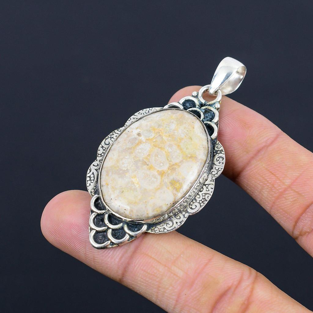 Womens day Sale Natural Fossil Coral Wedding Pendant Jewelry 925 Sterling Silver