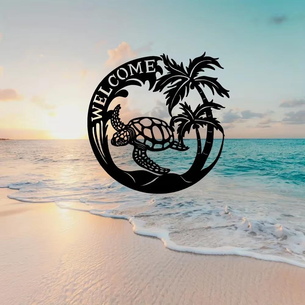 Coastal Welcome Sign Sea Life Pattern Beach Theme Indoor Decoration Living Room Mural Sea Turtle Accent