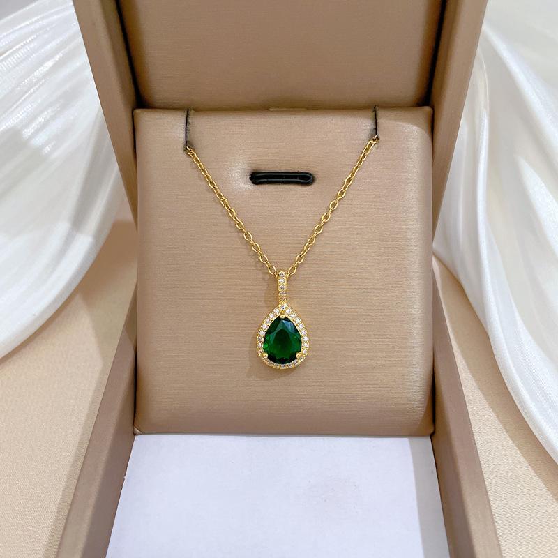 Water Drop Green Zircon Micro-Inlaid Necklace Earrings Set Light Luxury Personality Temperament Earrings Necklace Combination