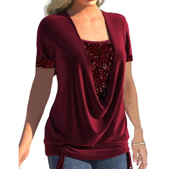 

Квадратный воротник, короткий рукав, гофрированный подол, однотонная женская футболка, летние топы из двух предметов с блестками и вышивкой XL