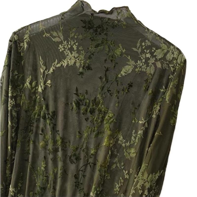 1 Yard Dunkelgrünes Beflocktes Netzgewebe Retro Jacquard Brokat Burnout Stoffe Tüll Spitze Stoff zum Nähen von Kleidern Cheongsams