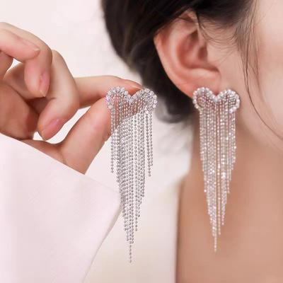 Silver Needle Diamond Love Fringed Earrings Women, Fashion Light Luxury Face Skinny Long Earrings Earrings