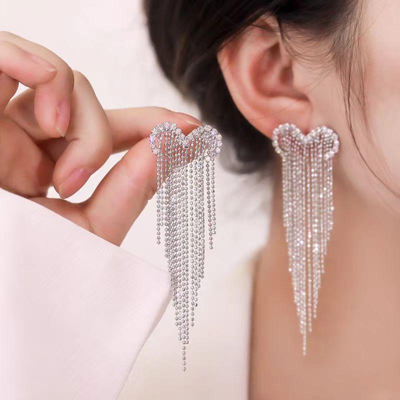 Silver Needle Diamond Love Fringed Earrings Women, Fashion Light Luxury Face Skinny Long Earrings Earrings