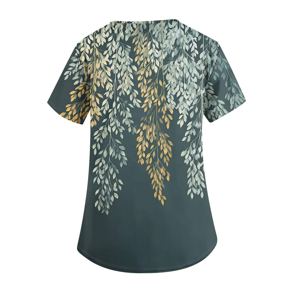 Niedlich bedruckte Arbeitskleidung für Damen, V-Ausschnitt, doppellagige Taschen, Basic-Kurzarm-Oberteil, Pullover