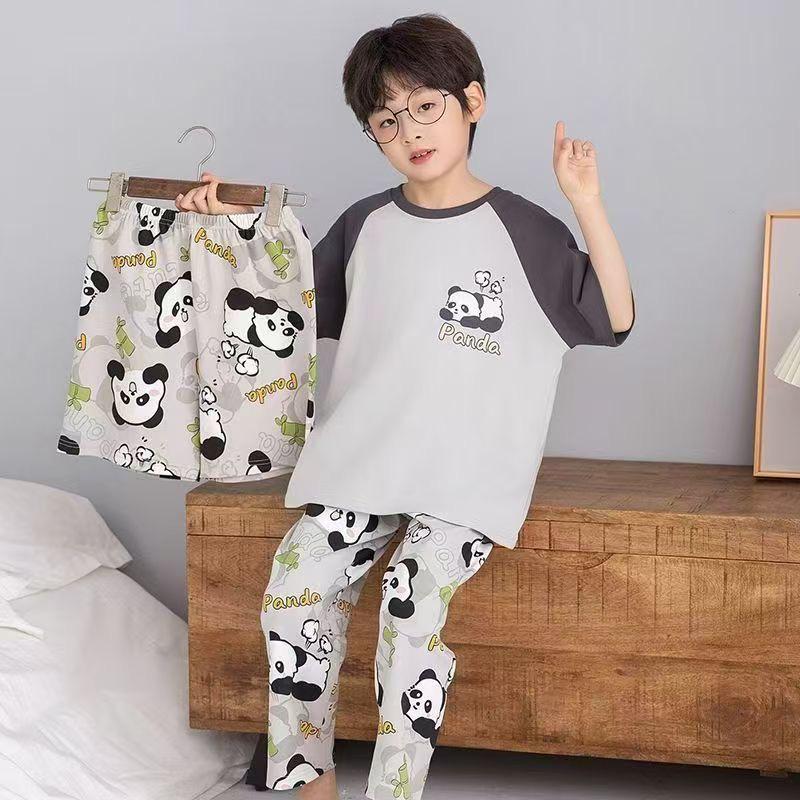 Children's Summer Pajama Set: 3-Piece Short-Sleeve Top, Long Pants, Boys' Medium & Large Air Conditioning Suit