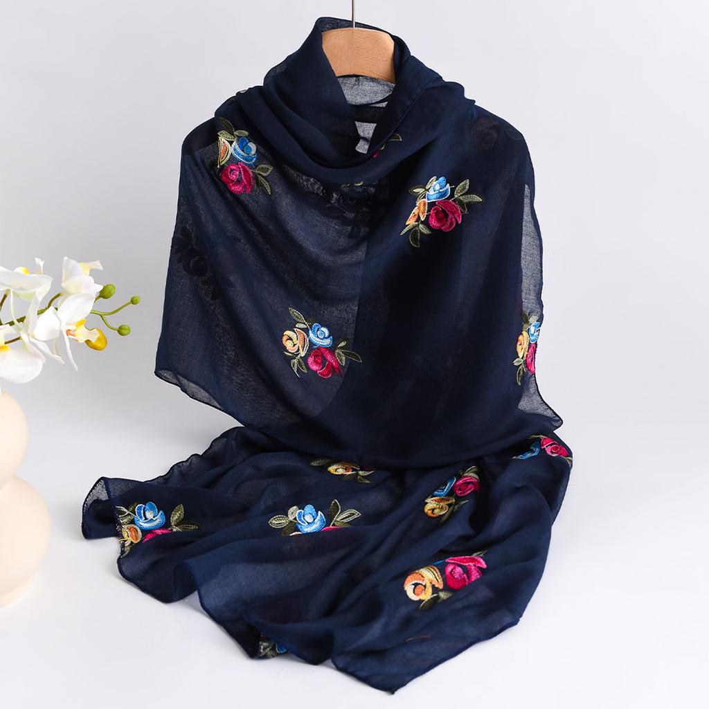 Spring Summer New Lightweight Breathable Cotton Linen Embroidery Scarf Ethnic Style Fashionable Soft Women'S Sunscreen Scarf