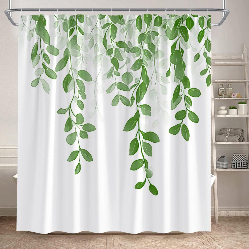 Grüne Pflanzenblätter Duschvorhänge Aquarell Eukalyptusblätter Kolibri Floral Badvorhang Heim Badezimmer Dekoration Mit Haken