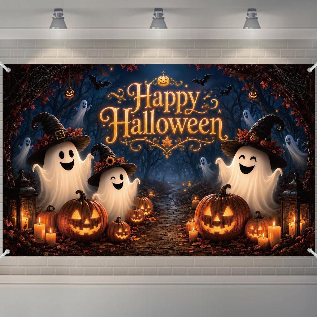 333. Halloween Happy Birthday Backdrop Banner Cute Ghost Theme Party Decoration