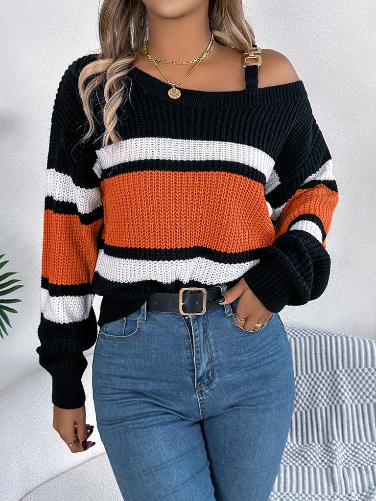Women Casual Clashing Stripes Lantern Sleeves Autumn Winter Metal Button Shoulderless Pullover Warm Sweater