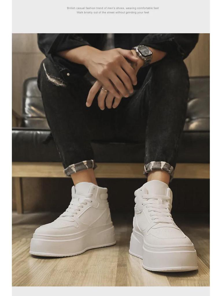 2024 Korean Style Men's White High-Top Sneakers: Autumn/Winter Casual Height-Increasing Sports Shoes