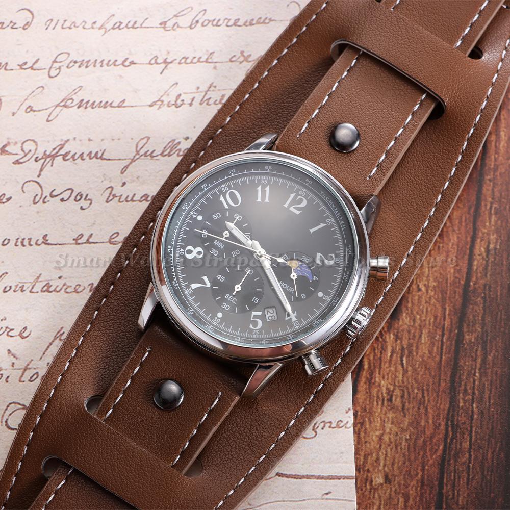 20/22/24mm Bund Strap Men's Vintage Cowhide Cuff Watch Band Pin Buckle Bracelets Deep Brown Black Light Brown Color Watch Strap