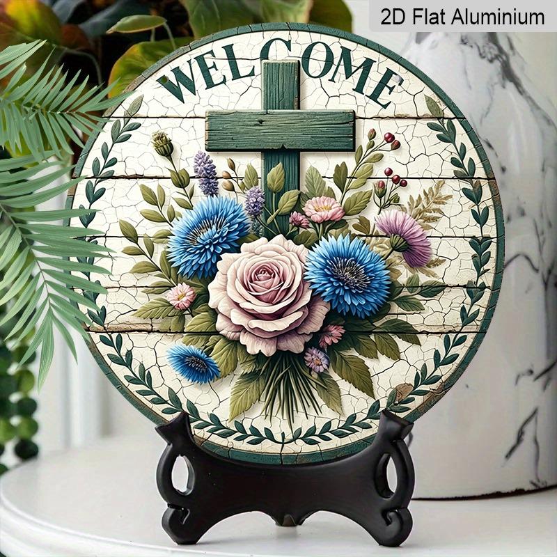 2D Flat Christian Cross Floral Welcome Doorplate, Aluminum Decorative Sign and Plaque, Various Sizes. Country Farmhouse Hanging Door Decoration