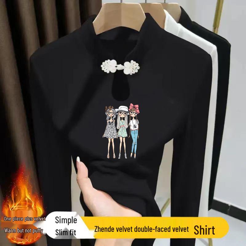 

Women s Autumn/Winter Frog Button Stand Collar Long Sleeve T-shirt with Water Drop Print S (up to 80 jin) чёрный