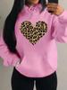 Women's Loose Leopard Heart Print Fleece Hoodie