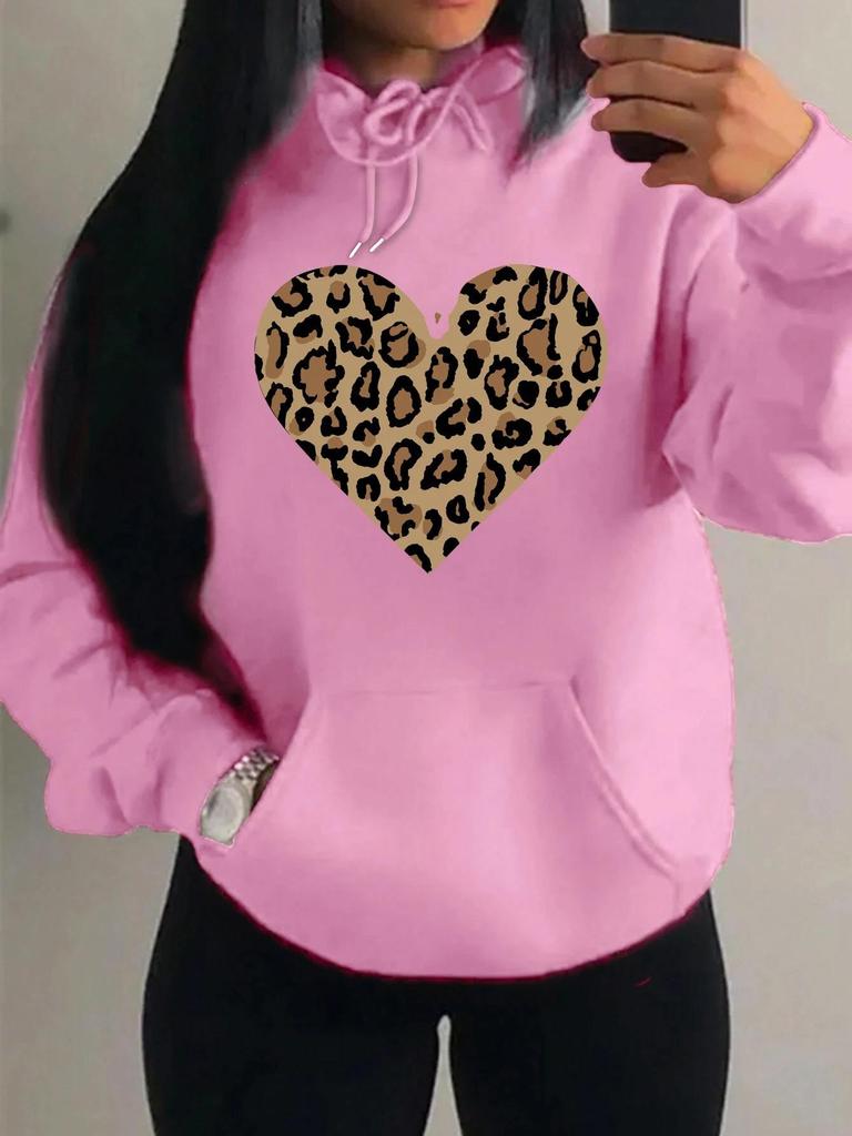 Women's Loose Leopard Heart Print Fleece Hoodie