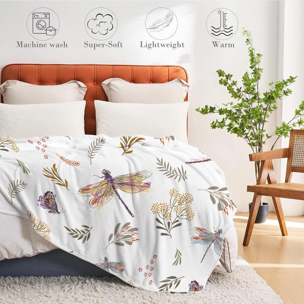 Dragonfly Throw Blanket Floral Flower Throw Blanket Botanical Plant Flannel Fleece Throw Blankets Butterfly Cozy Fuzzy Plush Thr