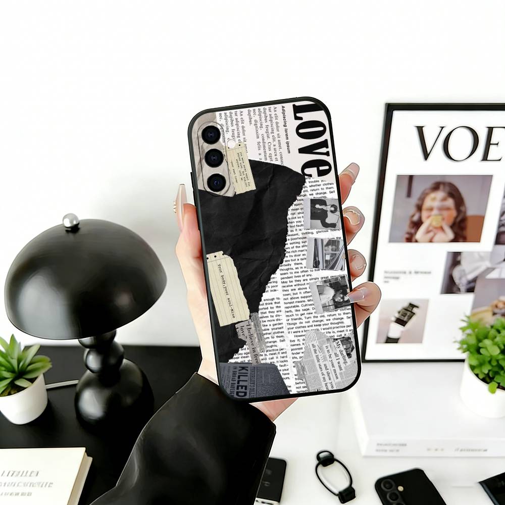 Vintage Newspaper Print Phone Case Black Silicone Soft For Samsung Galaxy A73,A72,A71,A70,A53,A52,A51