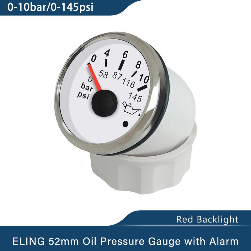 ELING New 52mm Oil Pressure Gauge Meter 0-5Bar 0-10Bar with Red Backlight and Light Alarm for Ships Motorcycle 9-32V