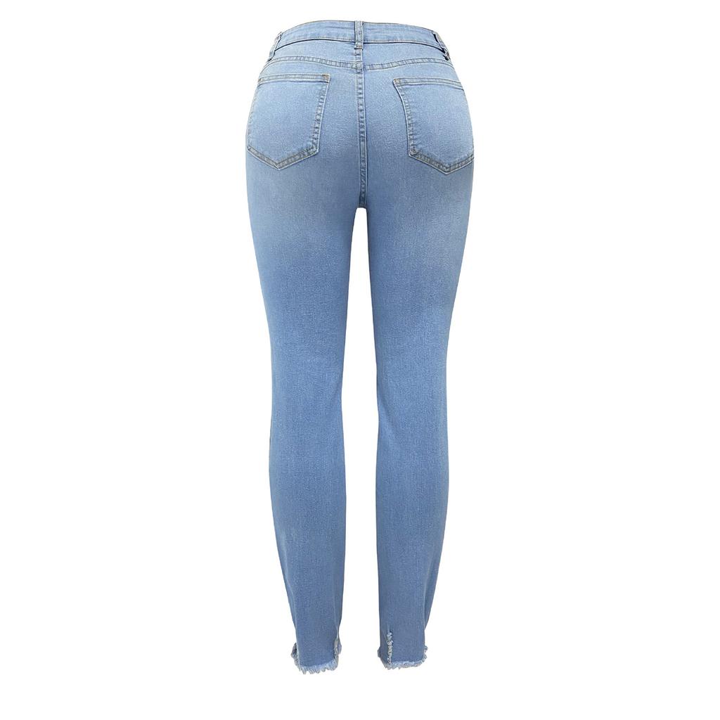 Damen Stretch Straight Jeans Mode Loch Washed Jeans