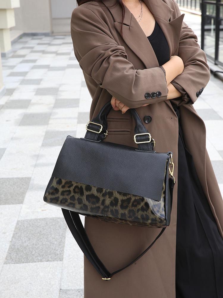 Leopard Print Women's Genuine Leather Commuter Tote & Crossbody Bag - Large Capacity Cowhide Shoulder Bag