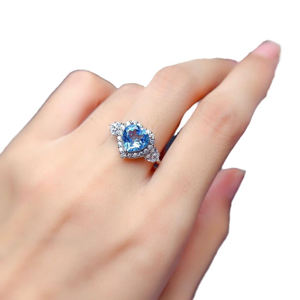 Imitation Mozambican Pomegranate Red Heart Ring Set, Female Love Swiss Topa Blue Pendant Earrings.