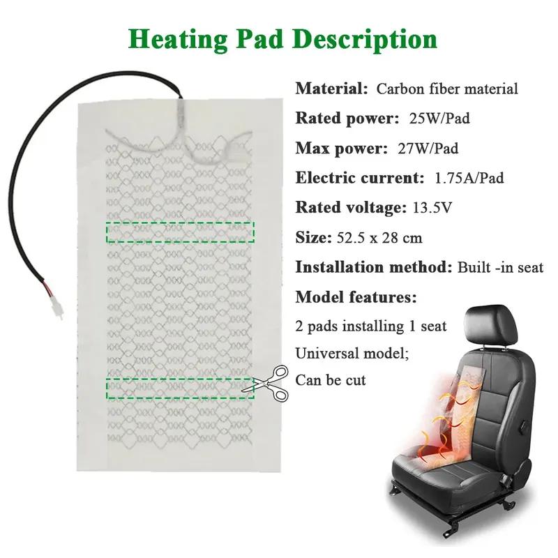 Universal Built-in Car Seat Heater Kit with 12V 23W Carbon Fiber Heating Pads 52x28cm and Hi-Lo Round Switch