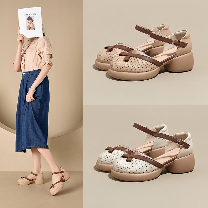 Neue Ledersandalen Damen Koreanische Version Ein-Wort-Sandalen mit Taschenkopf Kinder Innenhöhenerhöhung Retro Casual Einzelne Schuhe Damen