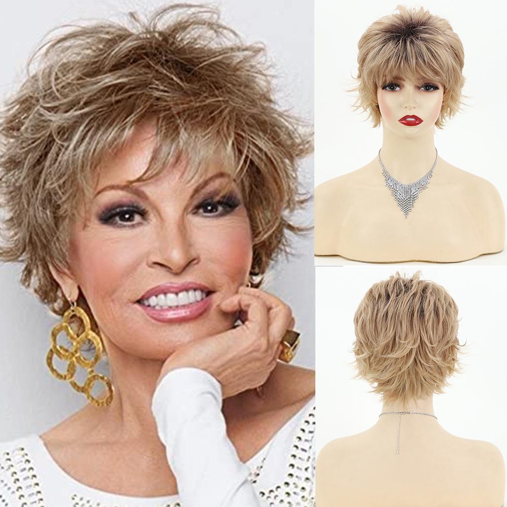 

Коротке світле чорно-коричневе фіолетове волосся Багатошарові синтетичні перуки з натуральними хвилями з пухнастим чубчиком для жінок Щоденні перуки з термостійкого волокна золотий