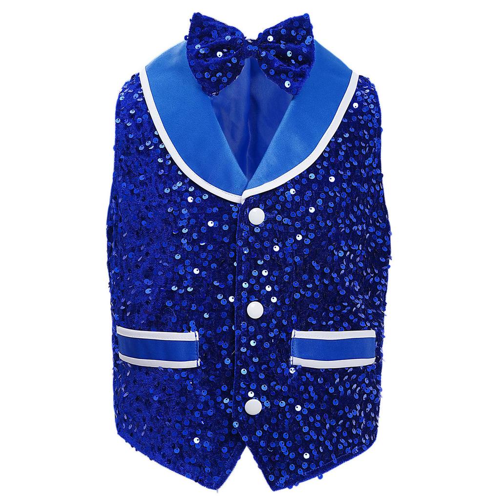 Unisex Kids Metallic Sequins Dance Vest Sparkling Buttons Irregular Hem Waistcoat Bowtie Party Costume