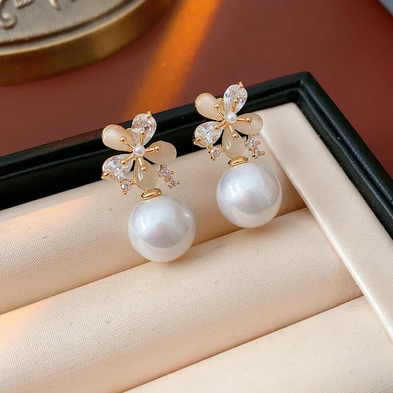 18k Gold Electroplated Flower Pearl Earrings for Women High-end Fashion Drop Earring Literary Retro Versatile Zircon Gifts