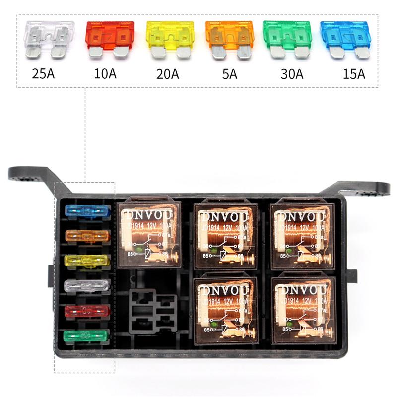 Car Fuse Box DC12V 24V 40A 6 Relay 5way Block for Gondola Car Trunk Safe Full Set Car Motorcycle Fuse Box Mini Fuse Holder