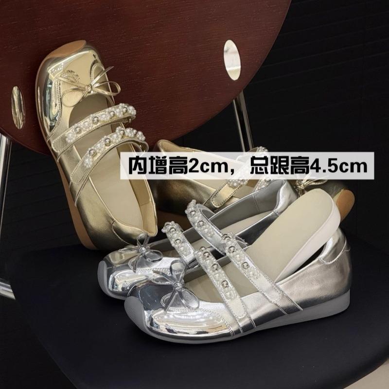 Metal Ballet Mary Jane Shoes Summer New Square Head Design Niche Casual Pearl Single Shoes Women