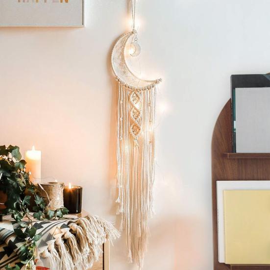 Woven Wall Hanging Wall Decoration with Long Tassel- White Cotton Handmade Home Decor Art Craft for Bedroom Dorm Garden