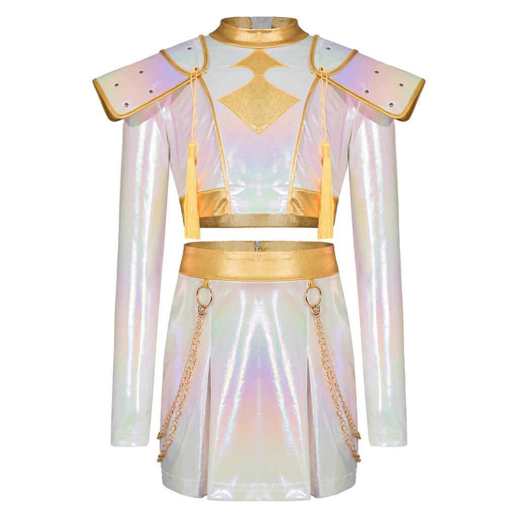 Kids Girls Anime Character Cosplay Outfit Iridescent Gloss Contrast Color Mock Neck Long Sleeve Chest Tassels Decor Back Invisible Crop Top and Matche