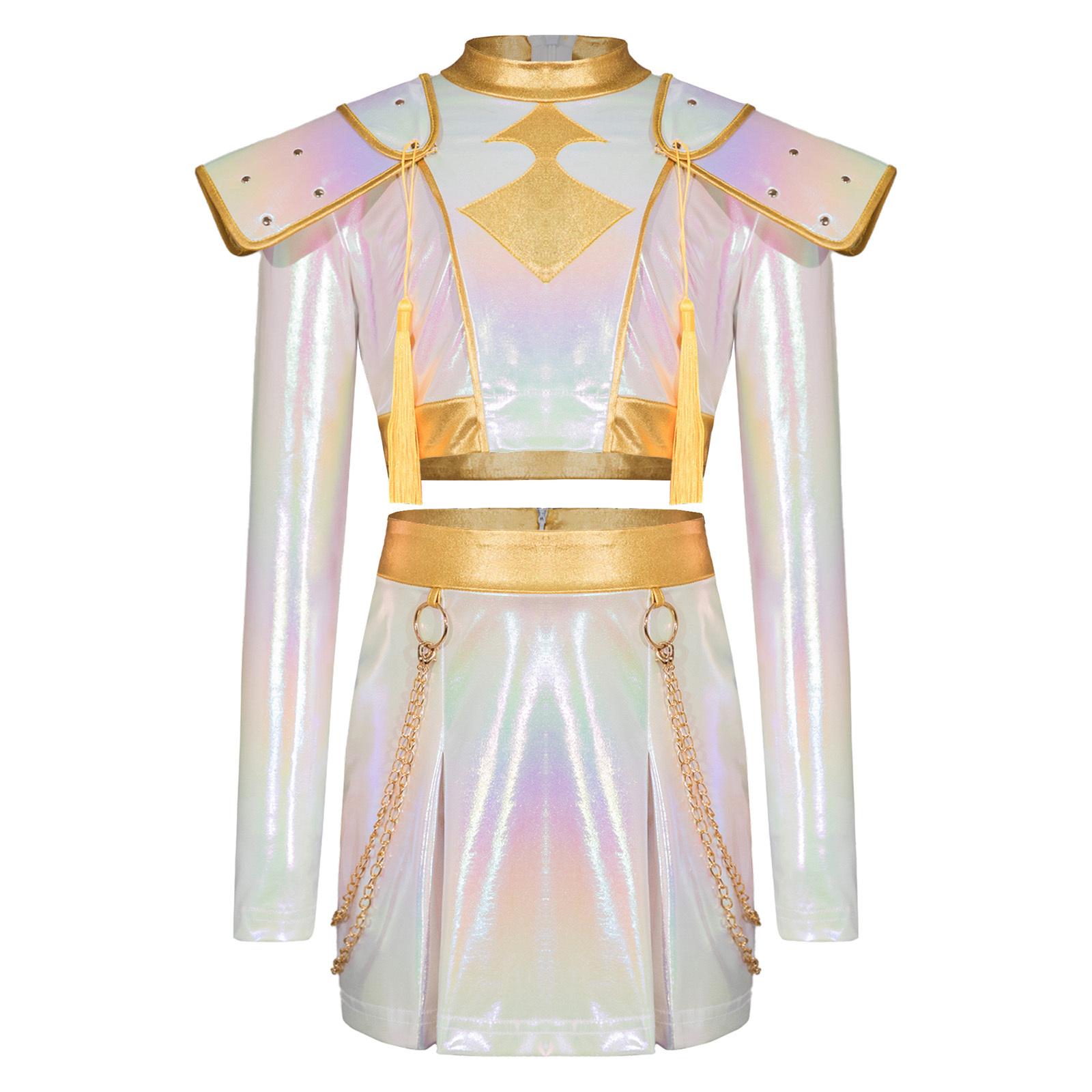 

Костюм аніме-персонажа для дівчинки Іридентний глянцевий контрастний колір Кроп-топ з коміром-стійкою Спідниця в тон Поясні ланцюжки 5-6 Years