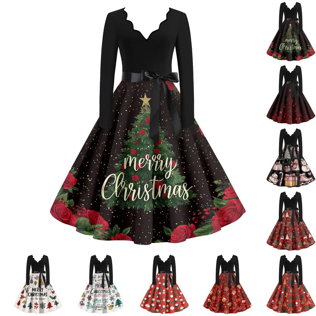 Women's Casual Fashion V Neck Christmas Printed Vintage Dress