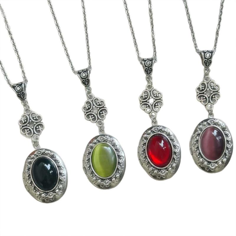 Fantasy Themed Oval Pendant Necklace Gothic Victorian Neckchain Stylish Jewelry With Vintage Gemstones