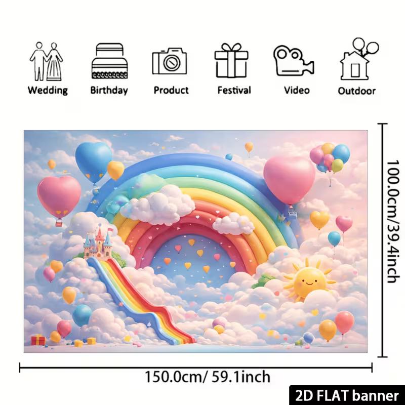 2D Rainbow Cloud Castle Tapestry, Colorful Balloon Kids Room Background