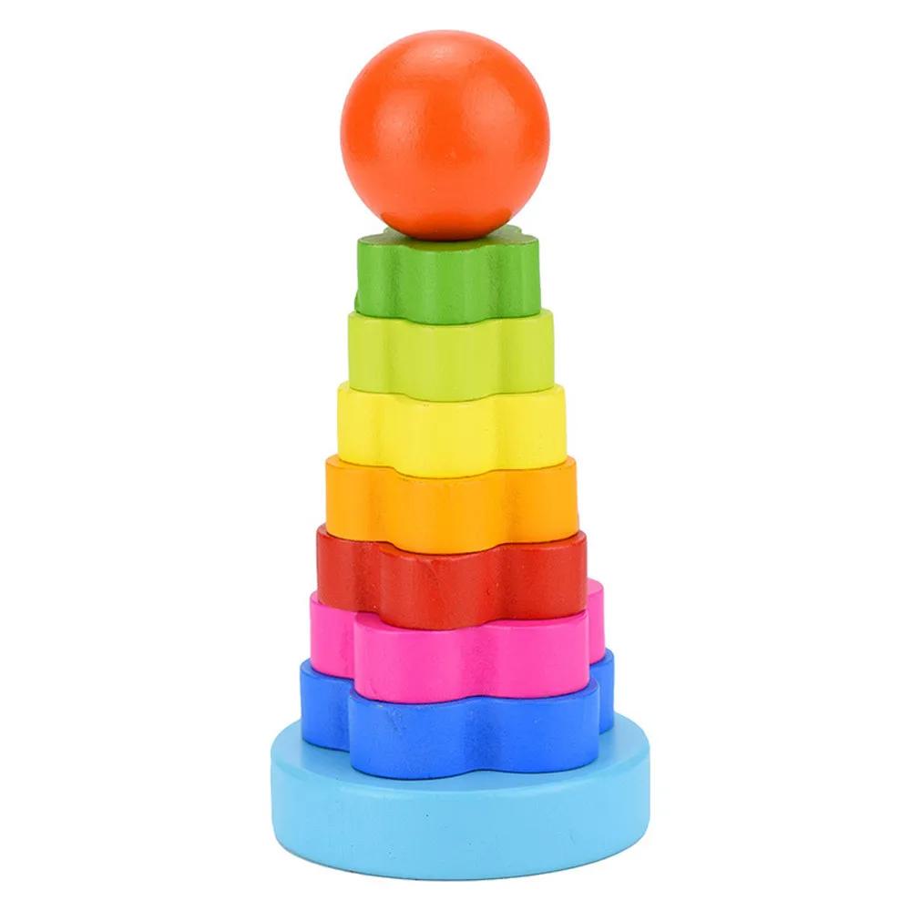 1pc Rainbow Tower Wood Blocks Color Shape Cognitive Play Kids Montessori Educational Wooden Toys for Children Stacking Ring Game