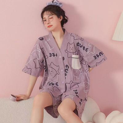 Pajama Women's Summer Pure Cotton Short Sleeved Cardigan and Kimono Oversized Loose Fitting Home Clothing Set Can Be Worn Externally