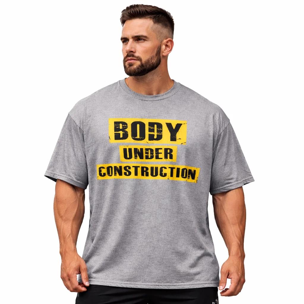 Body Under Construction T-Shirt Men Gym Workout Fitness Oversized Tee L