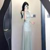 French Green Off-the-shoulder Mesh Dress Women's Clothing Summer 2026 New Temperament Waist Thin Hip-wrapped Dress