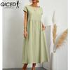 QICED Women's Fashion Summer Spring Solid Color Print O-Neck High Waist Casual Dresses