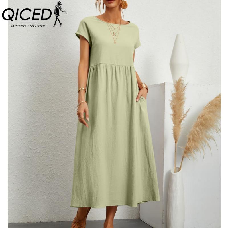 QICED Women's Fashion Summer Spring Solid Color Print O-Neck High Waist Casual Dresses