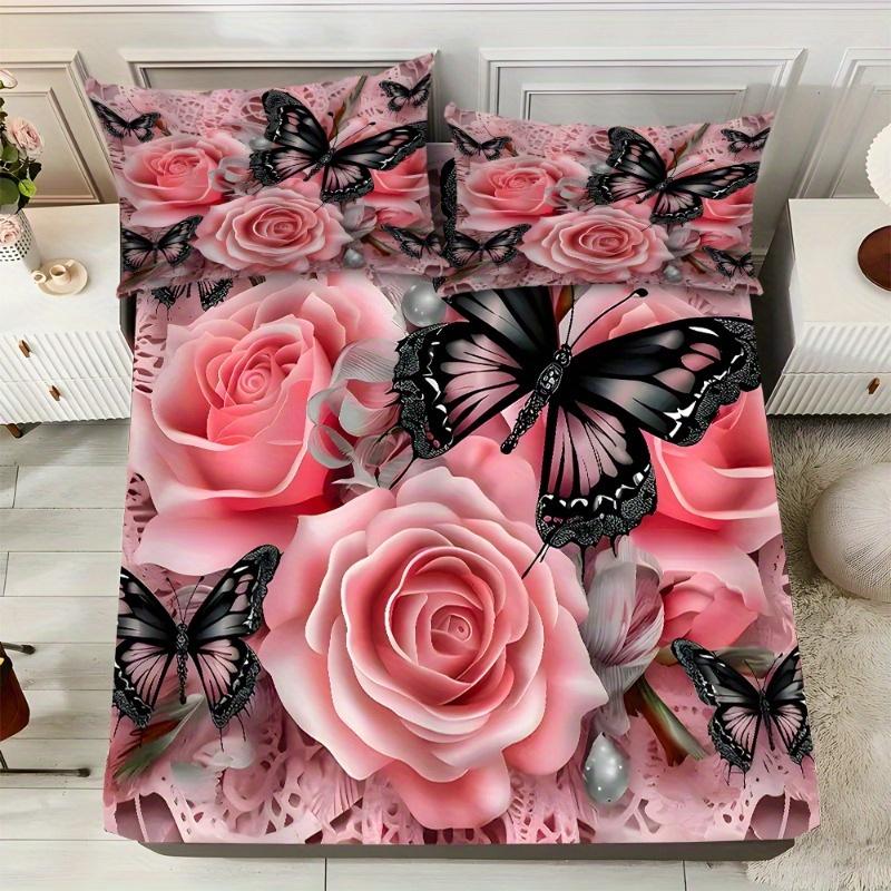 

1Pc Fitted Sheet Pink Rose Butterfly 3D Printed 100% Polyester Cover Breathable Bedding Set Home Decor Without Pillowcases 99x190x25cm