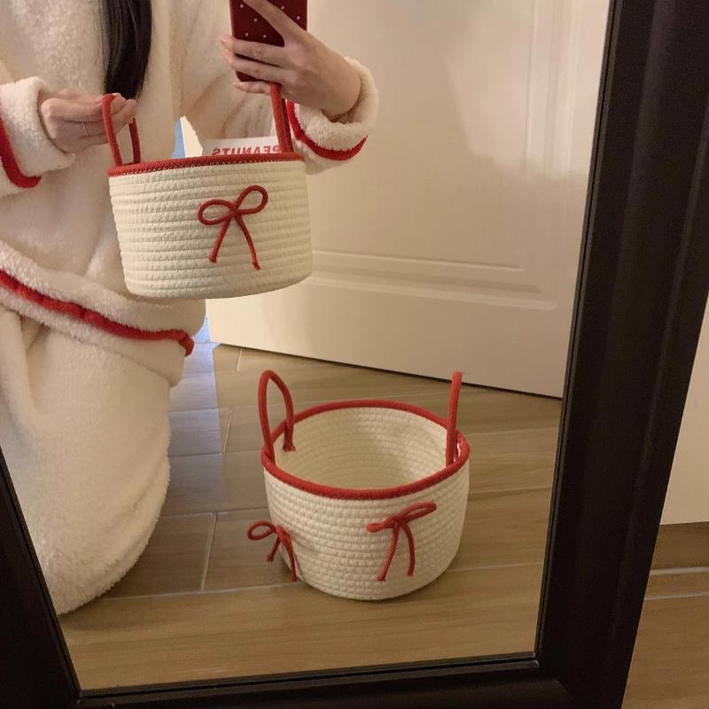 Cute Crochet Storage Basket with Lid - Woven Cotton Home Organizer Bin, Decorative Desktop Dustproof Box for Trinkets & Crafts